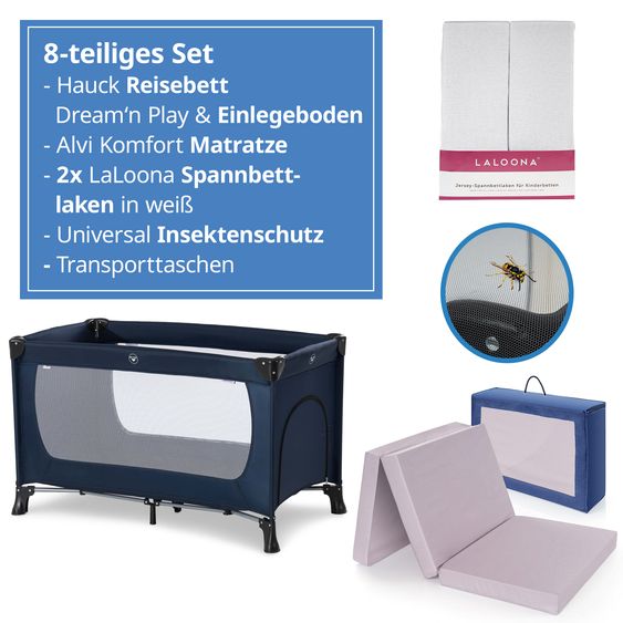 Hauck Reisebett Set Dream'n Play Plus inkl. Reisebett Matratze + 2 Spannbettlaken + Insektenschutz - Navy