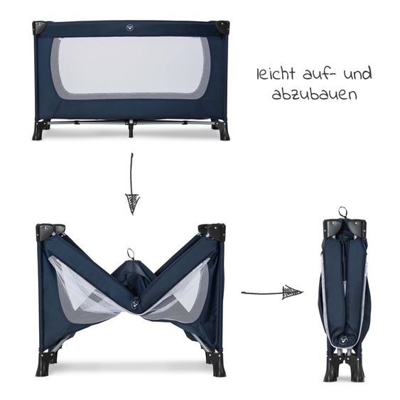 Hauck Reisebett Set Dream'n Play Plus inkl. Reisebett Matratze + 2 Spannbettlaken + Insektenschutz - Navy