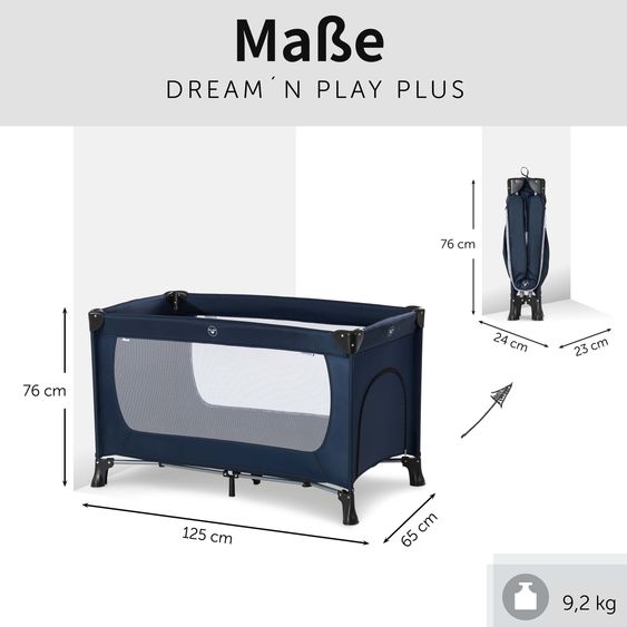 Hauck Reisebett Set Dream'n Play Plus inkl. Reisebett Matratze + 2 Spannbettlaken + Insektenschutz - Navy