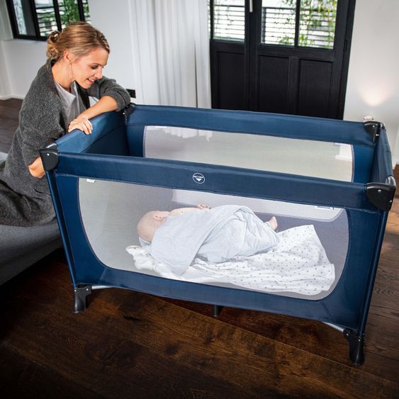 Hauck Reisebett Set Dream'n Play Plus inkl. Reisebett Matratze + 2 Spannbettlaken + Insektenschutz - Navy