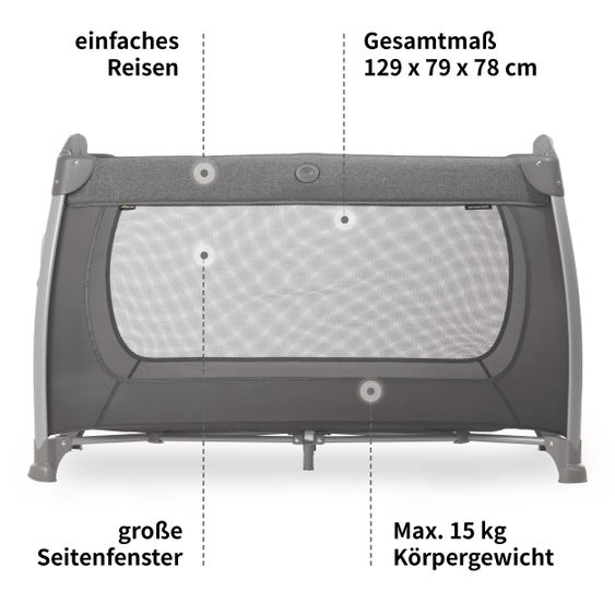 Hauck Reisebett Set Play N Relax Center (höhenverstellbar) inkl. Wickelauflage, Matratze & Insektenschutz - Melange Charcoal
