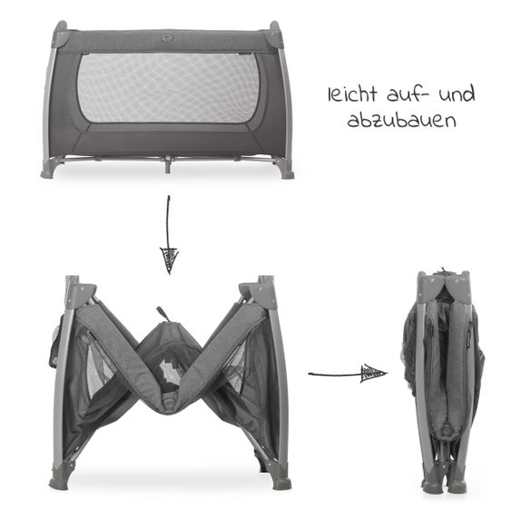 Hauck Reisebett Set Play N Relax Center (höhenverstellbar) inkl. Wickelauflage, Matratze & Insektenschutz - Melange Charcoal