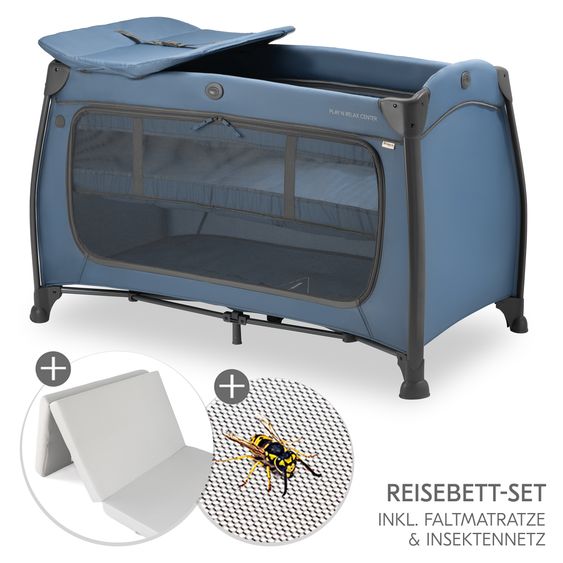 Hauck Reisebett Set Play N Relax Center inkl. Komfort Matratze, Einhang, Wickelauflage & Insektenschutz - Dark Blue