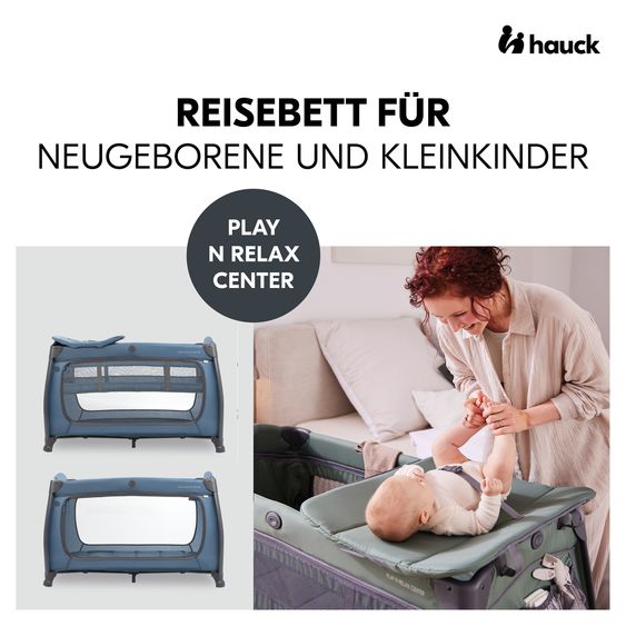 Hauck Reisebett Set Play N Relax Center inkl. Komfort Matratze, Einhang, Wickelauflage & Insektenschutz - Dark Blue