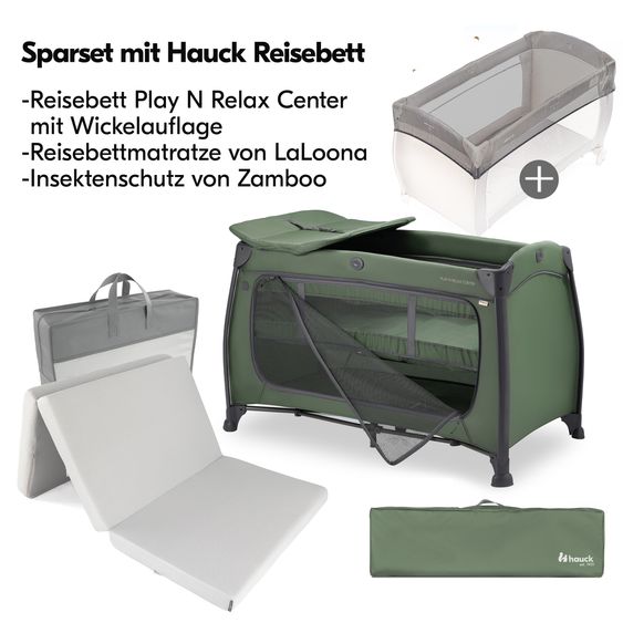 Hauck Lit De Voyage Set Play N Relax Center Incl. Matelas Confort, Housse, Matelas À Langer & Protection Contre Les Insectes - Vert Foncé
