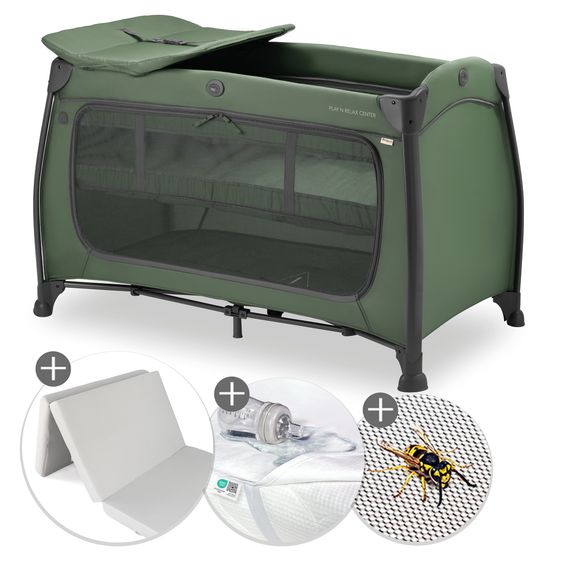 Hauck Reisebett Set Play N Relax Center inkl. Komfort Matratze, Einhang, Wickelauflage, wasserdichte Betteinlage & Insektenschutz - Dark Green