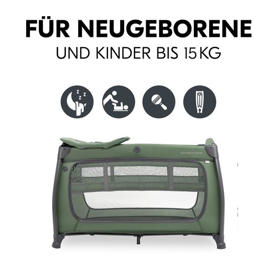 Hauck Reisebett Set Play N Relax Center inkl. Komfort Matratze, Einhang, Wickelauflage, wasserdichte Betteinlage & Insektenschutz - Dark Green