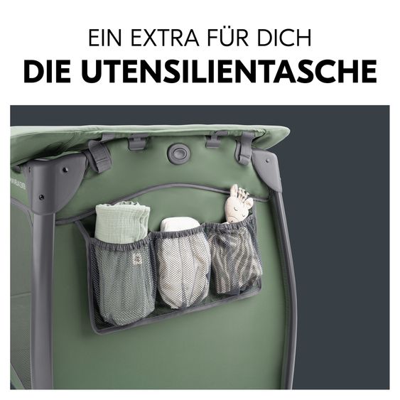 Hauck Reisebett Set Play N Relax Center inkl. Komfort Matratze, Einhang, Wickelauflage, wasserdichte Betteinlage & Insektenschutz - Dark Green