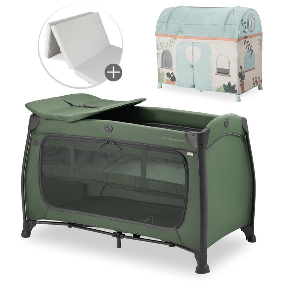 Hauck Reisebett Set Play N Relax Center inkl. Komfort Matratze & Spielzelt - Plants - Dark Green