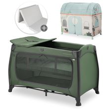 Travel Cot Set Play N Relax Center incl. Comfort Mattress & Play Tent - Plants - Dark Green