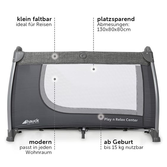 Hauck Reisebett-Set Play'n Relax Center (inkl. Wickelauflage, Höhe verstellbar) - Melange Grey