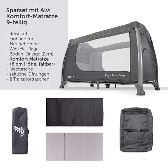 Hauck Reisebett Set Play'n Relax Center mit Matratze, Wickelauflage, höhenverstellbar - Melange Grey