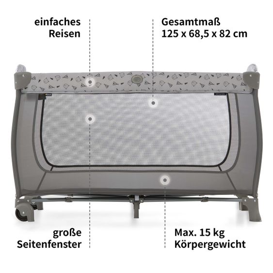 Hauck Reisebett Set Sleep'n Play Center (höhenverstellbar) inkl. Wickelauflage, Matratze & Insektenschutz - Nordic Grey