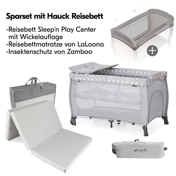 Hauck Reisebett Set Sleep N Play Center inkl. Komfort Matratze, Wickelauflage & Insektenschutz - Teddy - Grey