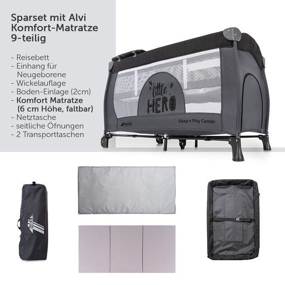 Hauck Reisebett Set Sleep'n Play Center mit Matratze, Wickelauflage, höhenverstellbar - Little Hero