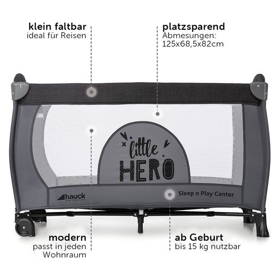 Hauck Reisebett Set Sleep'n Play Center mit Matratze, Wickelauflage, höhenverstellbar - Little Hero