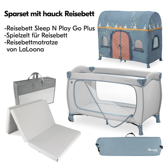 Hauck Lit De Voyage Set Sleep N Play Go Plus avec Matelas Confort & Tente De Jeu - Palace - Bleu Poussiéreux