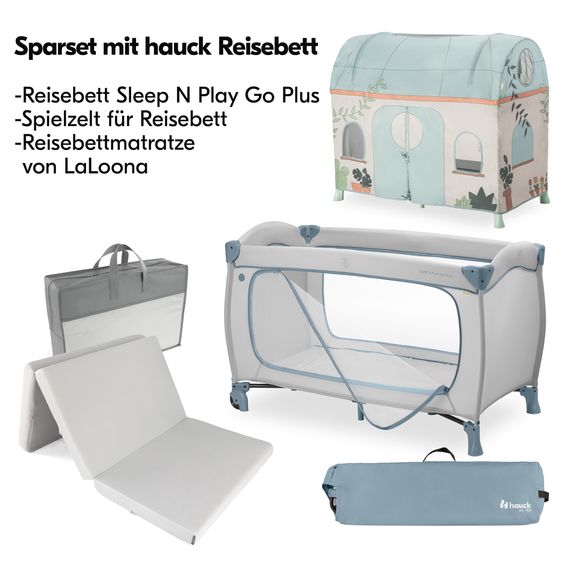 Hauck Lit De Voyage Set Sleep N Play Go Plus avec Matelas Confort & Tente De Jeu - Plantes - Bleu Poussiéreux