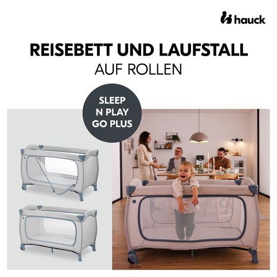 Hauck Lit De Voyage Set Sleep N Play Go Plus avec Matelas Confort & Tente De Jeu - Plantes - Bleu Poussiéreux