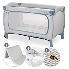 Travel Cot Set Sleep N Play Go Plus incl. comfort mattress, waterproof bed liner & insect protection - Dusty Blue