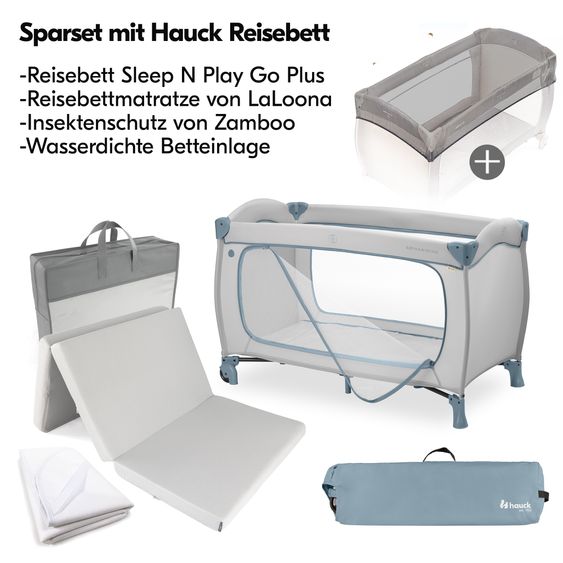 Hauck Lit De Voyage Set Sleep N Play Go Plus avec Matelas Confort, Protection De Lit Imperméable & Protection Contre Les Insectes - Bleu Poussiéreux