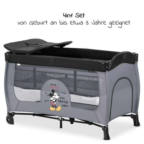 Hauck Reisebett Sleep'n Play Center mit Wickelauflage, höhenverstellbar, Rollen & seitlichem Einstieg - Disney - Mickey Mouse Grey