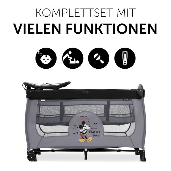 Hauck Reisebett Sleep'n Play Center mit Wickelauflage, höhenverstellbar, Rollen & seitlichem Einstieg - Disney - Mickey Mouse Grey