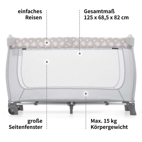 Hauck Reisebett Sleep'n Play Center mit Wickelauflage, höhenverstellbar, Rollen & seitlichem Einstieg - Teddy Grey