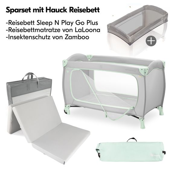 Hauck Travel Cot Sleep N Play Go Plus incl. Comfort Mattress & Insect Protection - Dusty Mint