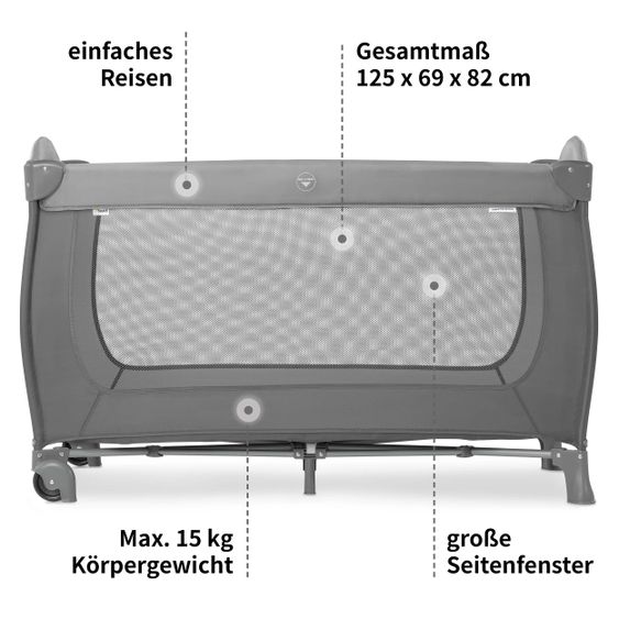 Hauck Reisebett Sleep'n Play Go Plus (mit Rollen und seitlichem Einstieg) - Grey