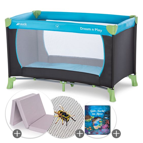 Hauck Travel cot economy set - Dream N Play incl. Alvi travel cot mattress + insect screen + book "Good night at sea" - Waterblue