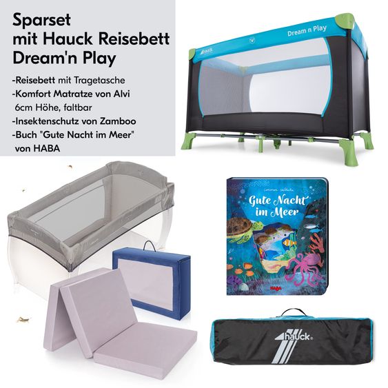 Hauck Travel cot economy set - Dream N Play incl. Alvi travel cot mattress + insect screen + book "Good night at sea" - Waterblue