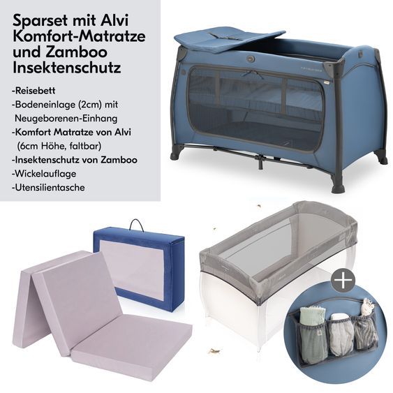 Hauck Reisebett Sparset Play N Relax Center inkl. Komfort Matratze, Einhang, Wickelauflage & Moskitonetz - Dark Blue