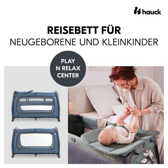 Hauck Reisebett Sparset Play N Relax Center inkl. Komfort Matratze, Einhang, Wickelauflage & Moskitonetz - Dark Blue