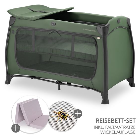 Hauck Reisebett Sparset Play N Relax Center inkl. Komfort Matratze, Einhang, Wickelauflage & Moskitonetz - Dark Green