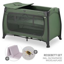 Reisebett Sparset Play N Relax Center inkl. Komfort Matratze, Einhang, Wickelauflage & Moskitonetz - Dark Green