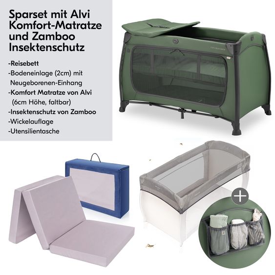 Hauck Reisebett Sparset Play N Relax Center inkl. Komfort Matratze, Einhang, Wickelauflage & Moskitonetz - Dark Green