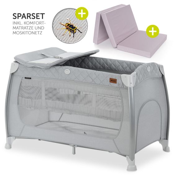 Hauck Reisebett Sparset Play N Relax Center inkl. Komfort Matratze, Einhang, Wickelauflage & Moskitonetz - Quilted Grey