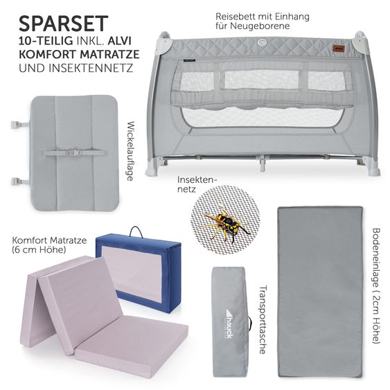 Hauck Reisebett Sparset Play N Relax Center inkl. Komfort Matratze, Einhang, Wickelauflage & Moskitonetz - Quilted Grey