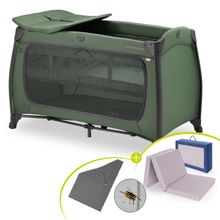 Travel Cot Set Play N Relax Center incl. Comfort Mattress, Insert, Changing Pad, Fitted Sheet & Mosquito Net - Dark Green
