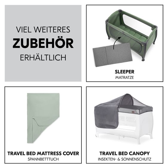 Hauck Travel Cot Set Play N Relax Center incl. Comfort Mattress, Insert, Changing Pad, Fitted Sheet & Mosquito Net - Dark Green