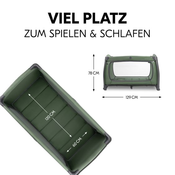 Hauck Travel Cot Set Play N Relax Center incl. Comfort Mattress, Insert, Changing Pad, Fitted Sheet & Mosquito Net - Dark Green