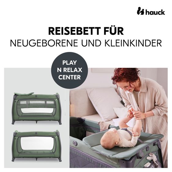Hauck Travel Cot Set Play N Relax Center incl. Comfort Mattress, Insert, Changing Pad, Fitted Sheet & Mosquito Net - Dark Green