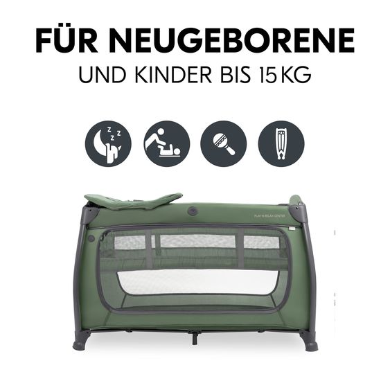 Hauck Travel Cot Set Play N Relax Center incl. Comfort Mattress, Insert, Changing Pad, Fitted Sheet & Mosquito Net - Dark Green