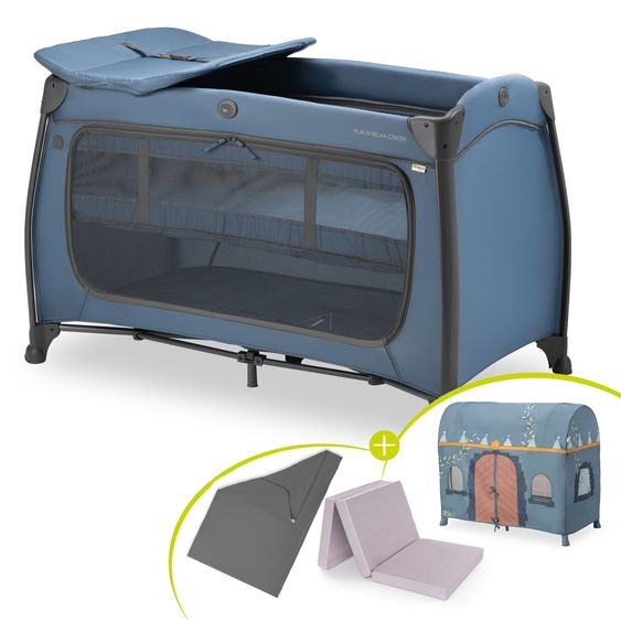 Hauck Travel Cot Set Play N Relax Center incl. Comfort Mattress, Insert, Changing Pad, Play Tent & Fitted Sheet - Dark Blue