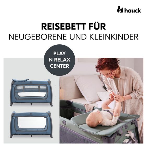 Hauck Travel Cot Set Play N Relax Center incl. Comfort Mattress, Insert, Changing Pad, Play Tent & Fitted Sheet - Dark Blue