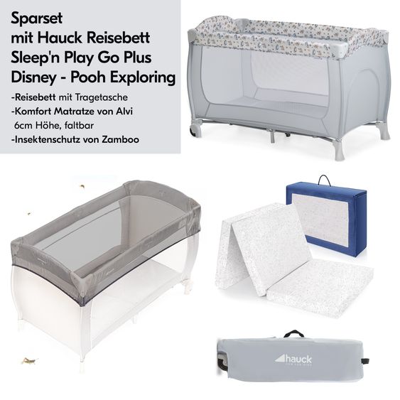 Hauck Reisebett Sparset - Sleep N Play Go Plus inkl. Alvi Reisebett-Matratze + Insektenschutz - Disney - Pooh Exploring