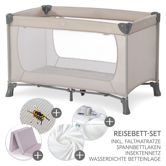 Hauck Reisebett XXL-Sparset - Dream`n Play inkl. Alvi Reisebett-Matratze + Wasserdichte Betteinlage + 2 Spannbettlaken + Insektenschutz - Beige