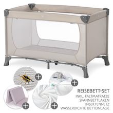 Reisebett XXL-Sparset - Dream`n Play inkl. Alvi Reisebett-Matratze + Wasserdichte Betteinlage + 2 Spannbettlaken + Insektenschutz - Beige