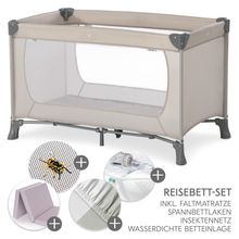 Reisebett XXL-Sparset - Dream`n Play inkl. Alvi Reisebett-Matratze + Wasserdichte Betteinlage + 2 Spannbettlaken + Insektenschutz - Beige